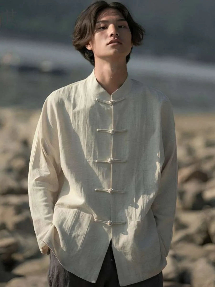 

Retro Chinese Sle Men's irt Linen Cotton Linen Long Sve Stand Collar Zhongan irt Autumn Thiened Fce Lined