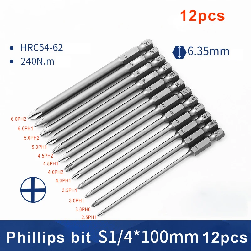 

12pcs/set 100mm Length 1/4' Hex Shank Phillips screwdriver bit S2 alloy steel with magnetic screwdriver bit Cross PH0 PH1 PH2