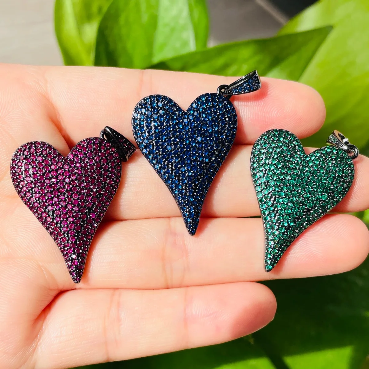 5pcs Fuchsia Green Blue Zirconia Paved Bling Heart Charms Pendant for Woman Jewelry Bracelet Necklace Bangle Making Accessories