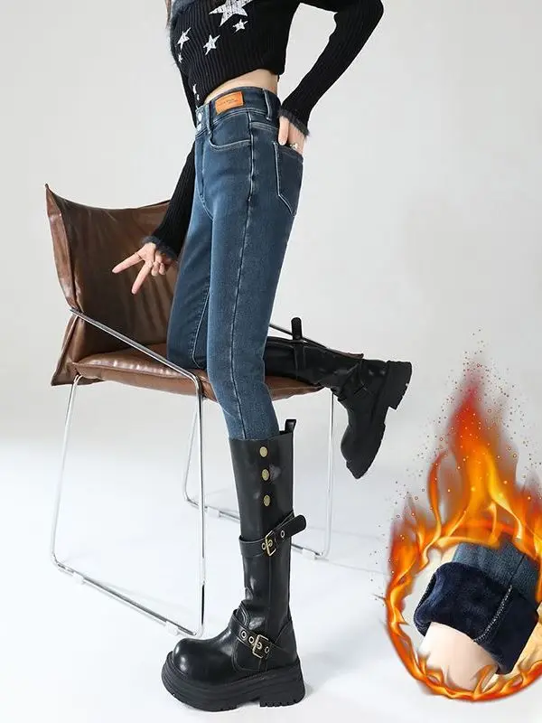 

Retro High Waist Slim Fit Fleece Lined Women's Jeans Cotton Stretch Denim Tight Pencil Pants Autumn Winter New Style Thinming