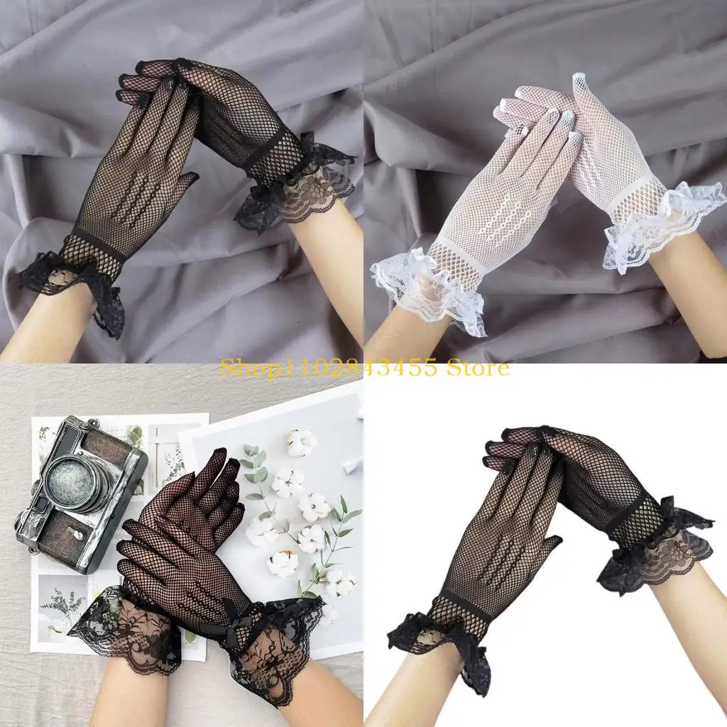 49MC Women Pleated Cuff Short Lace Gloves Elastic Fishingnet See Through Sexy Glove