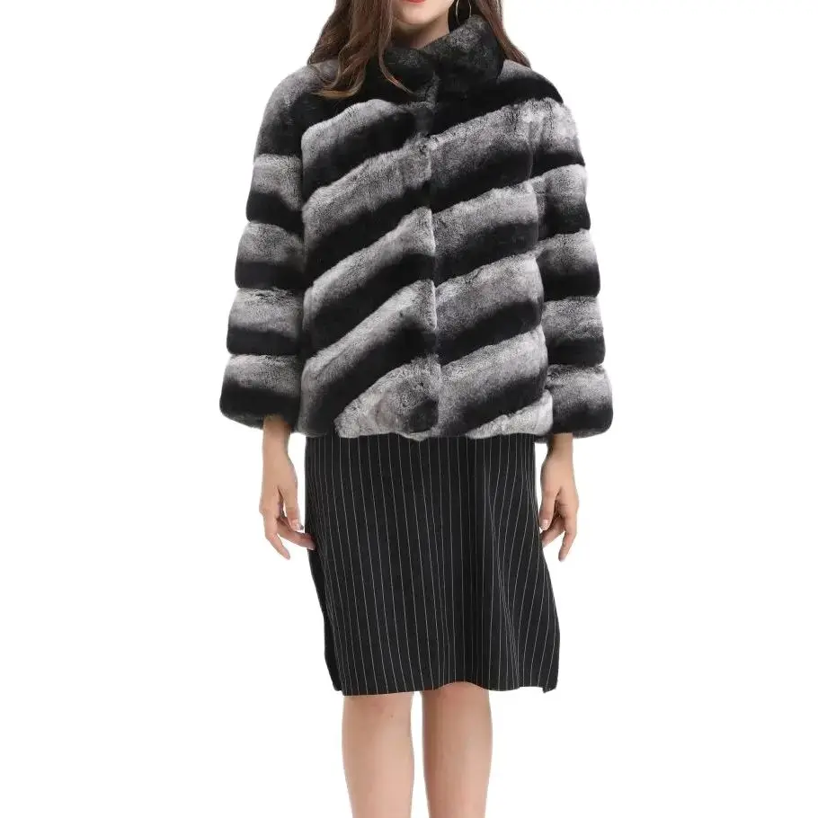Lapel Chinchilla Coat, Contrasting Colors, Striped, Rex Rabbit Fur, 1907003