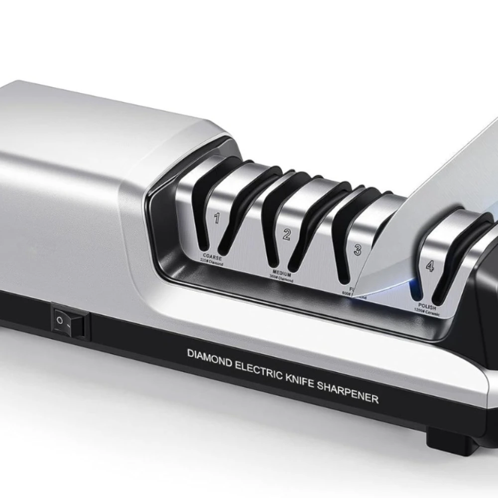 Electric Knife Sharpener with 4-Stage (Repair, Coarse, Medium, Fine & Polish), Non-Slip Base & Metal Shavings Collector