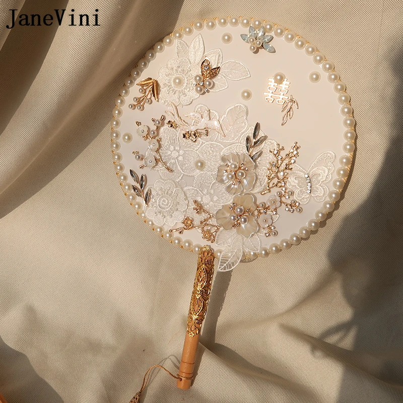 JaneVini Luxury Pearls Chinese Style Bridal Fan Wedding Bouquet Handmade White Lace Flowers Gold Floral Classic Bride Hand Fan