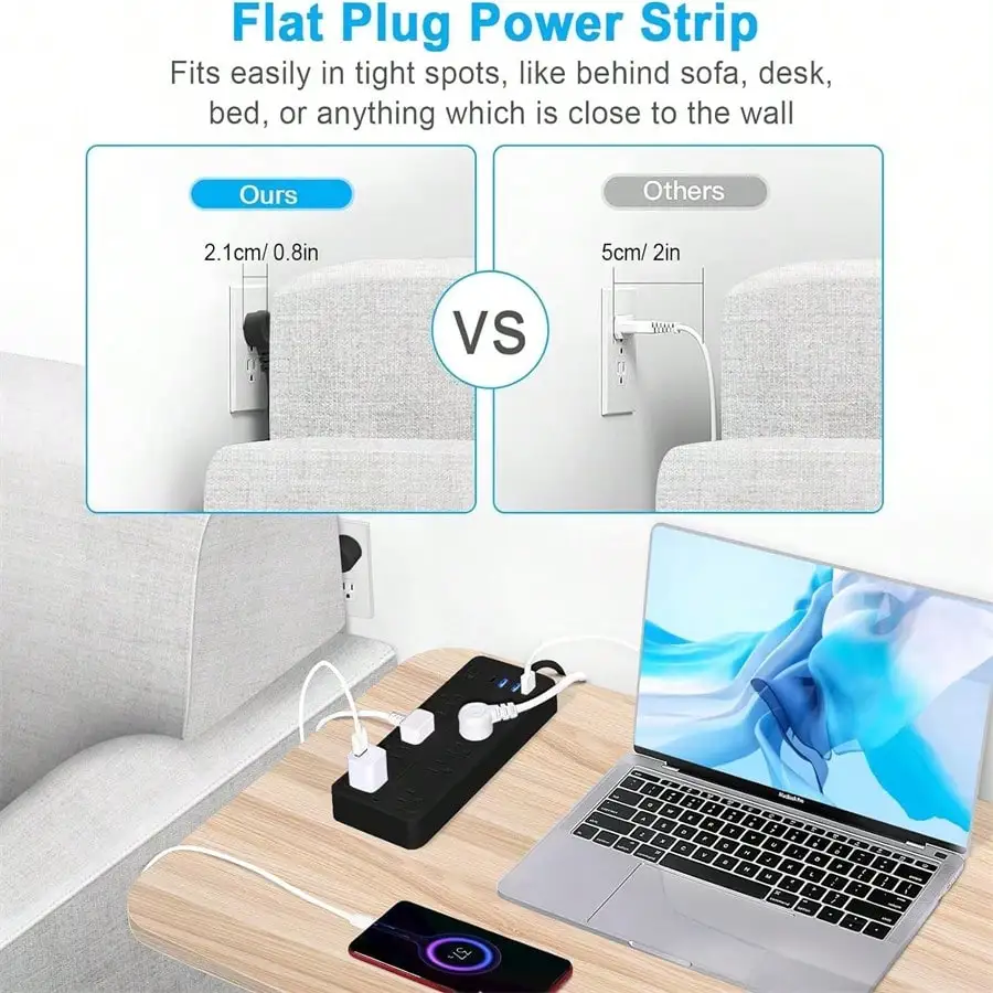 شريط طاقة 14 في 1 لحماية التيار (1700J): 10 منافذ، 4 USB (1 USB-C)، 16AWG 1625W/13A قابس مسطح، أبيض وأسود