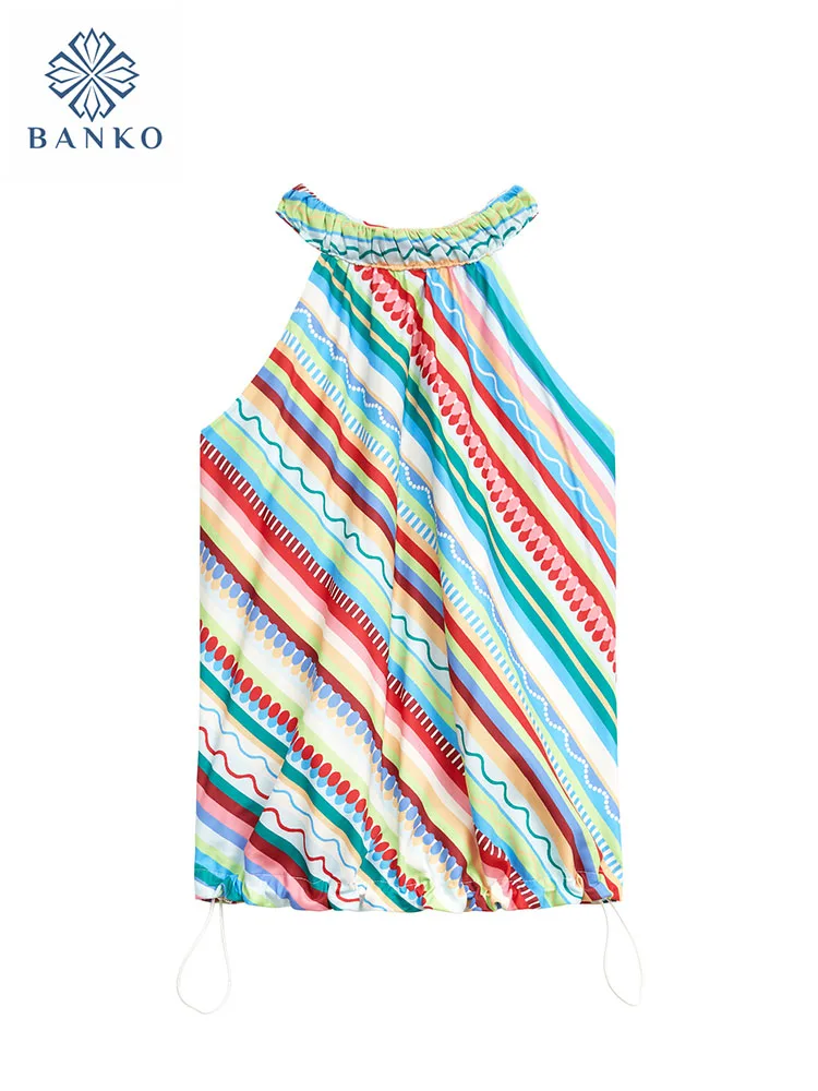 

American Style New Design Sleeveless Off Shoulder Vest Women Fashion Rainbow Halter Top Summer Trend Sweet Slim Harajuku Tees