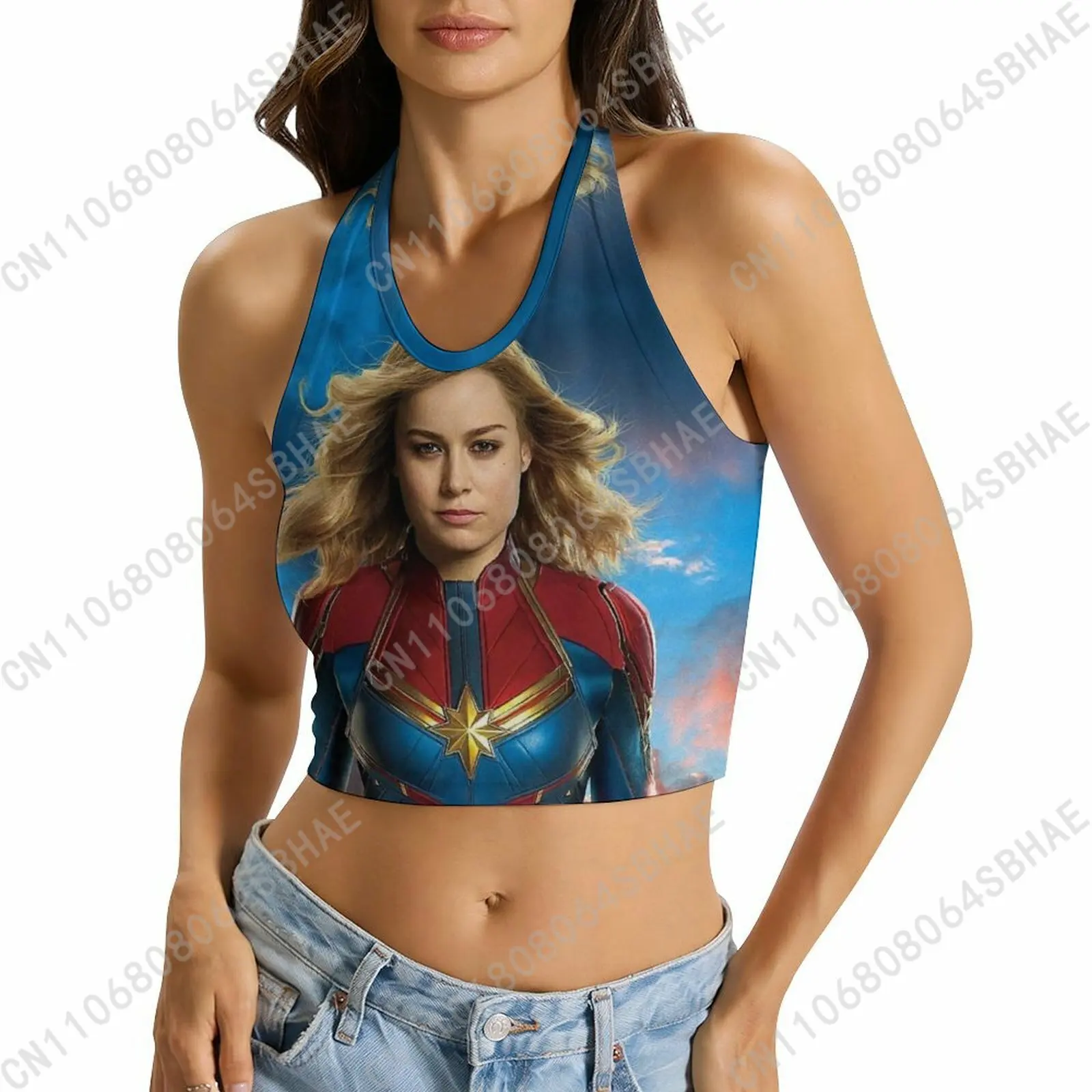 

Marvel Captain Marvel Custom Photo Women's Halter Top Personalized Tie Back Cami Upload Your Gift Wife Girlfriend Cosplay