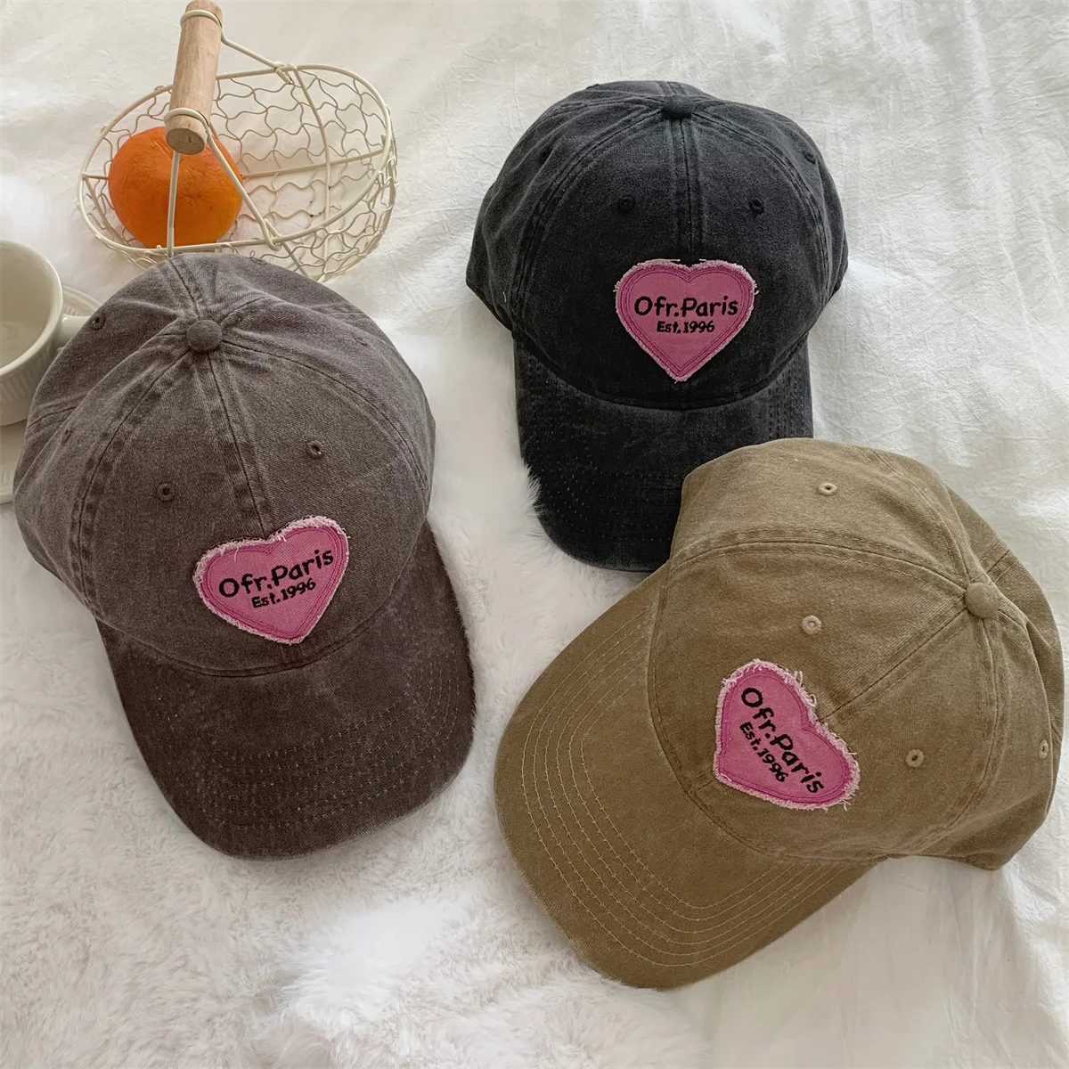 Vintage Washed Baseball Cap Adjustable Heart Graphic Cotton Dad Hat Unstructured Coal Headwear Heart Embroidered Black Cotton Strapback Dad  main image 3