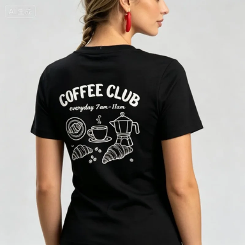 Womens Soft Modal Crew Neck T‑Shirt, Vintage Coffee Club Graphic Tee Croissant Moka Pot Line Drawing Casual Daily Short Sleeve