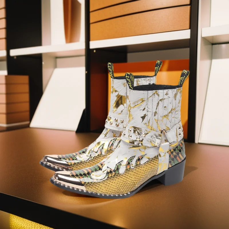 Herren-Designer-Stiefeletten aus echtem Leder mit Metallspitze, Nieten-Dekor und Print, Übergrößen, Cowboy-Motorrad-Schuhe für Business – Detail 24
