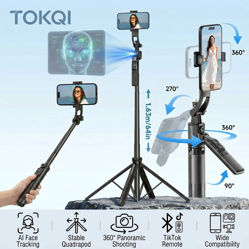 

TOKQI AI Face Tracking Selfie Stick Quadrapod Anti-Shake 360° Panoramic Shooting Bluetooth 5.4 TikTok Remote 1635mm Height