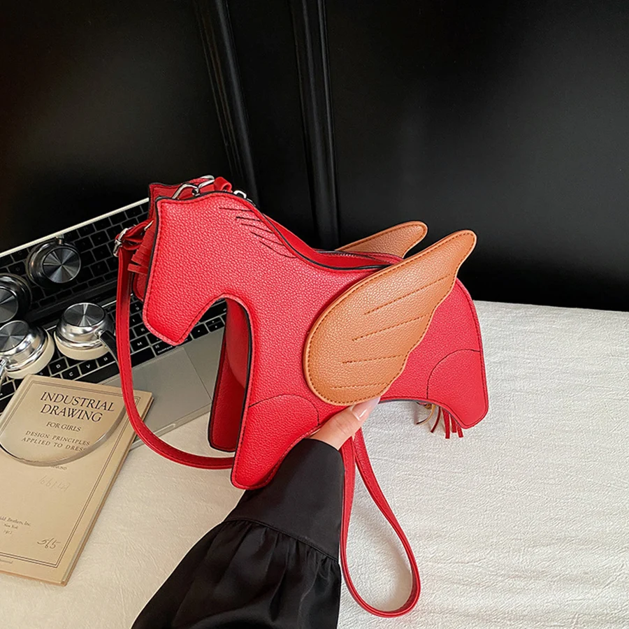 

Lady Funny High Quality Animal Horse Shape Shoulder Bag Cute PU Leather Tassel Crossbody Bag Female Patchwork Zip Handbags Bolsa