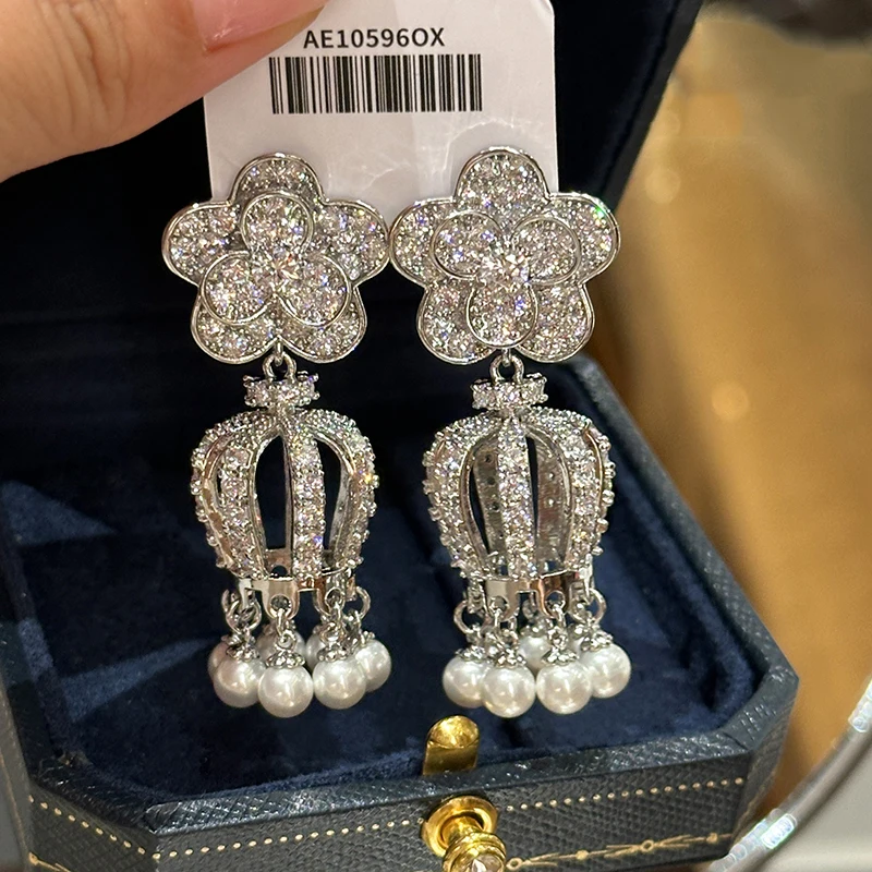 

Baroque vintage flowers lanterns pearls tassels earrings Bride new luxury bells banquet dparklin ear jewelry