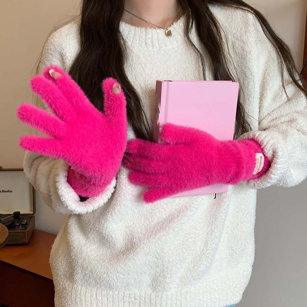 Personality Y2K Soft Plush Finger Gloves Faux Rabbit Hair Windproof Candy Color Gloves Furry Thickened Anti-cold Mittens Outdoor