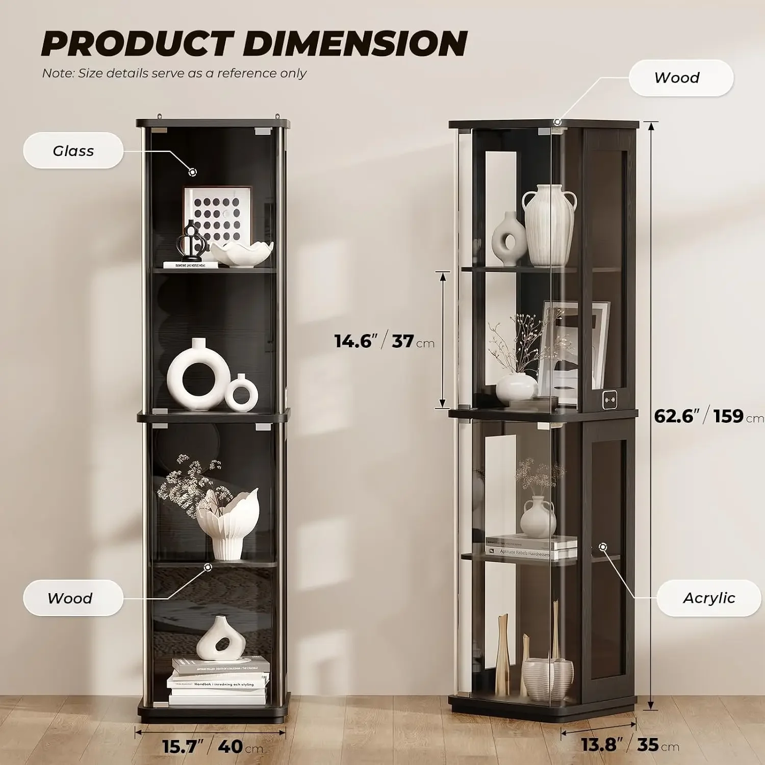 Small Rounded Display Cabinet with Glass Door, for Collectibles | 4-Tier Curio Cabinet with 3 Color Lights, Glass Display Case