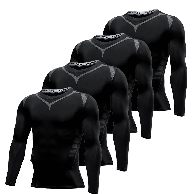 Four-Piece Sportswear Top for Men Spring/Autumn Tight-Fitting Training Long-Sleeved Workout Clothes for Running Compression Top