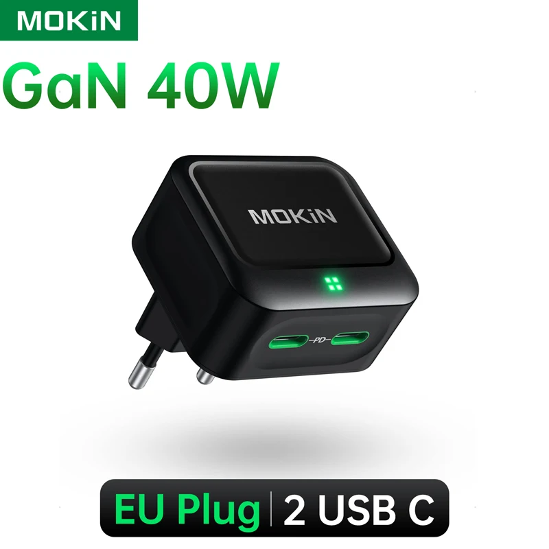 

Плоское зарядное устройство USB C мощностью 40 Вт от MOKiN, двойной порт USB C с технологией GaN, PD 3.0 PPS зарядный разъем USB C для быстрой зарядки Apple iPhone 14/13/12 Pro Max, iPad Pro/Air/Mini, Galaxy S23/S22