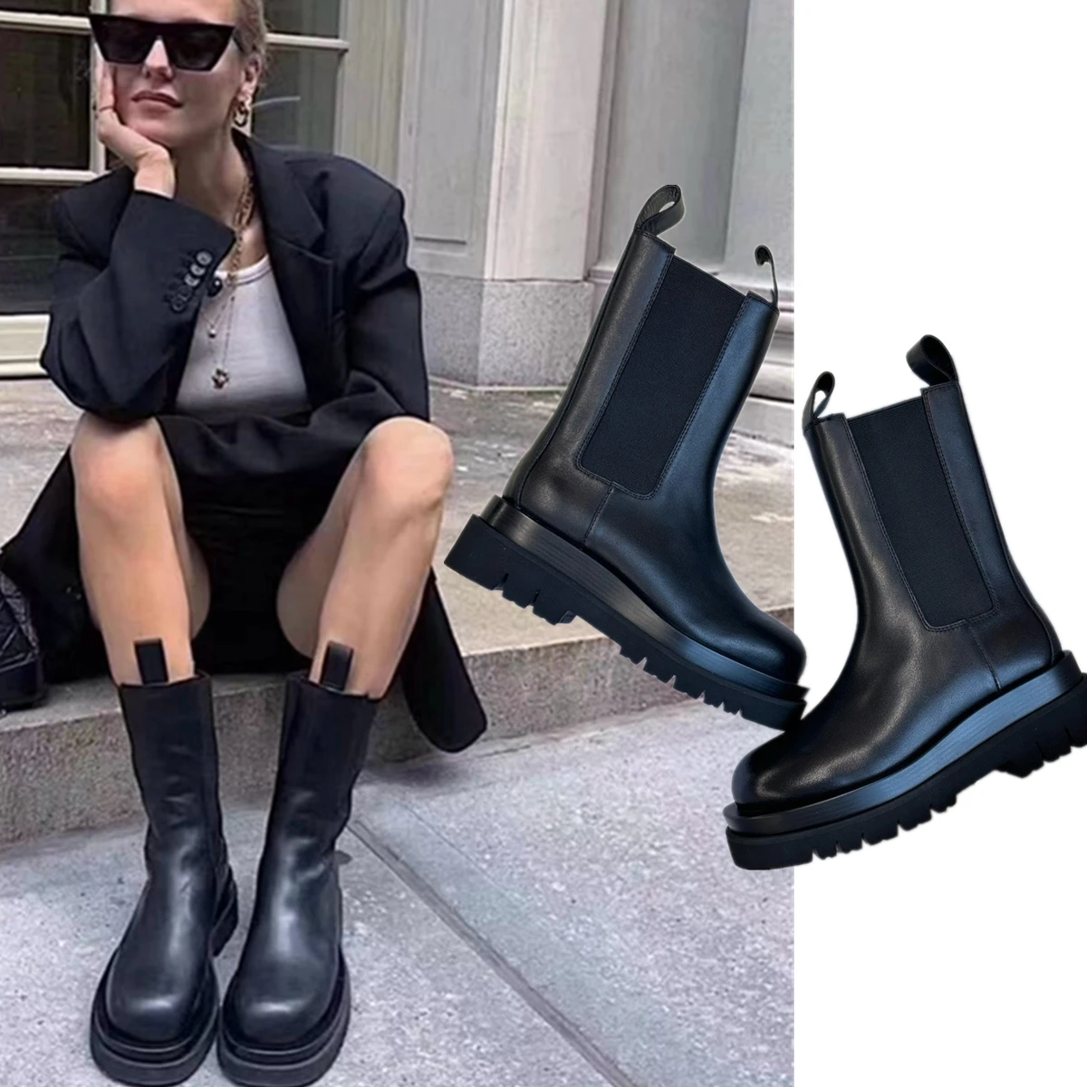 Maxdutti Fashion Top Quality Genuine Leather Chelsea Boots Shoes 5cm Thick Soled Height Increasing Chimney Boots Women