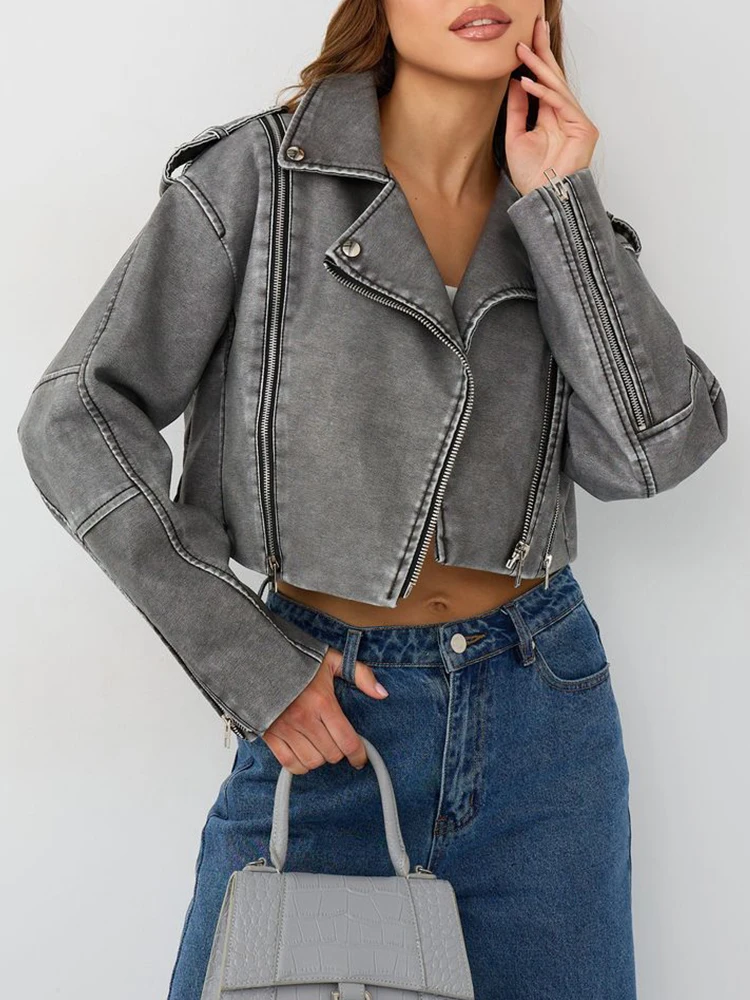 Ailegogo New Spring Autumn Women Retro Short Pu Faux Leather Jacket Vintage Female Zipper Moto Biker Coat Streetwear Outwear