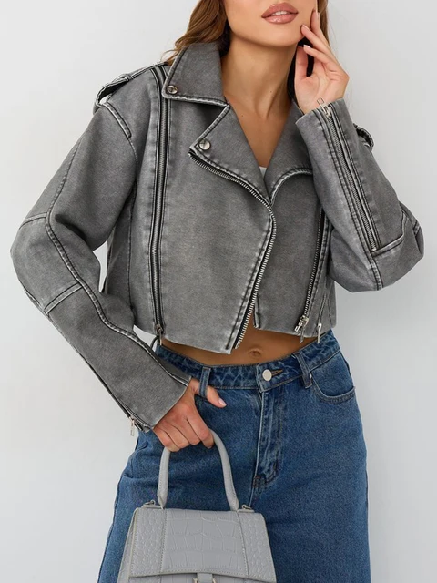 Ailegogo nowa wiosna jesień kobiety Retro krótki Pu ze sztucznej skóry kurtka damska na zamek błyskawiczny Moto kurtka na rower Streetwear