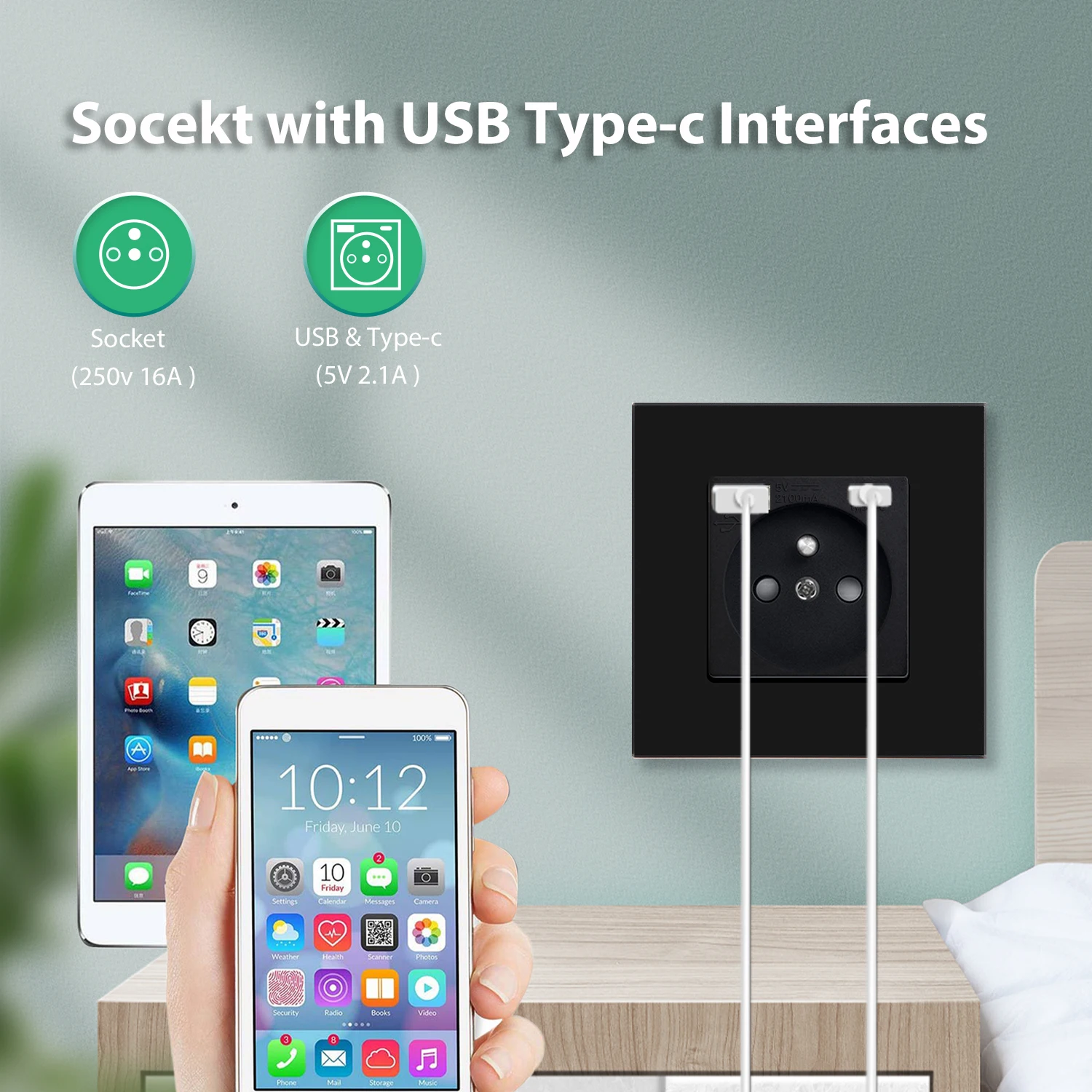BSEED France Standard Single Wall Socket Double Power Plug USB Type-C Charge Port Outlets Crystal Glass Panel 16A 110V-250V