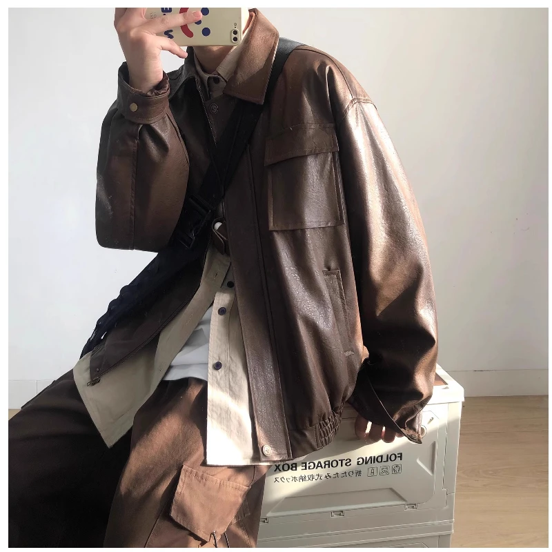 Spring 2024 Bomber Pu Leather Jackets Mens American Street Hip Hop Multi Pocket Fashion Coat Streetwear Loose Short Outwear - Image 3