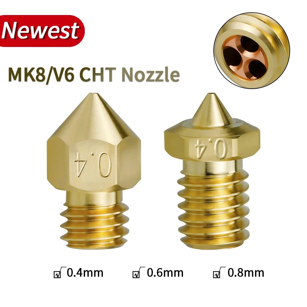 MK8/V6 CHT Brass Hardened Steel Nozzle MK8 Nozzle M6 High Flow Copper High Temperature Wear Resistance For 1.75/3.0 MM Filament