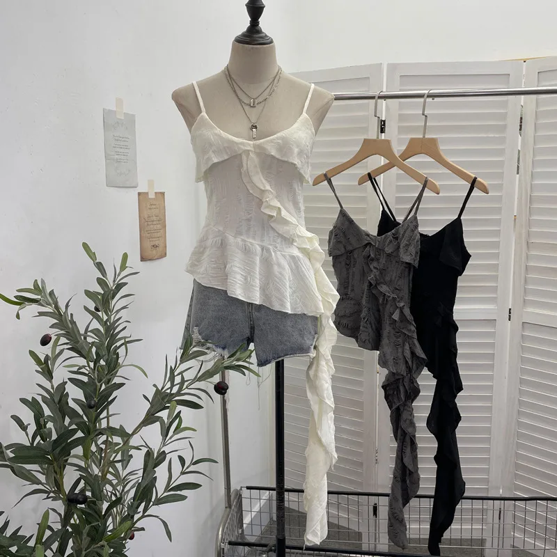 High-quality Hot-selling Wholesale Irregular-cut Camisole Vest Women New Style Sexy Ruffled Hem Ripped Ribbon Short Top Gothic