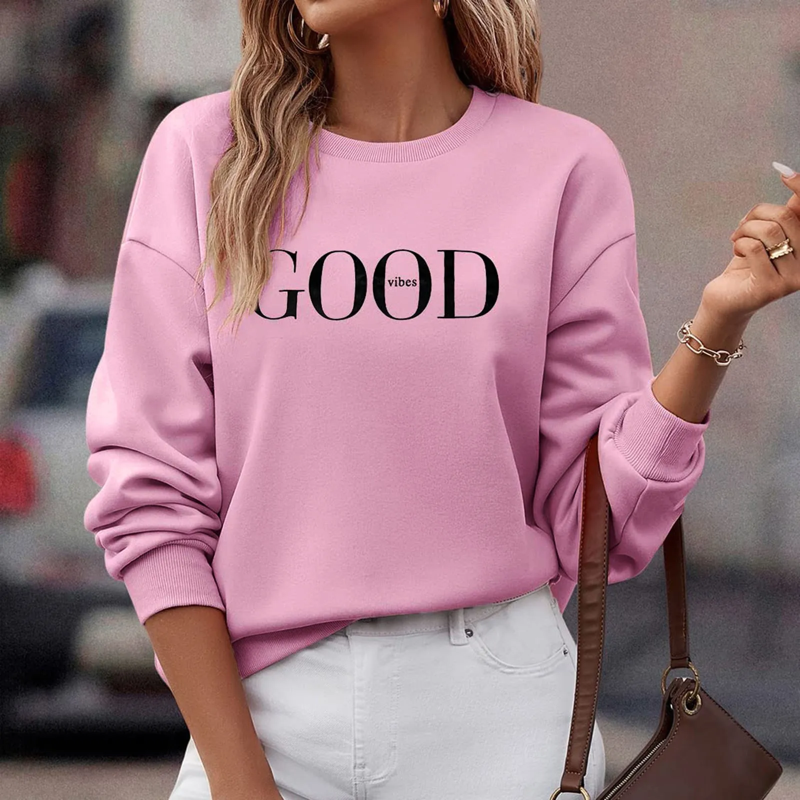 Bluzy damskie Good Vibes Letter Print Casual Bluzy z długim rękawem Crew Neck Pullover Tops Moda Wszechstronna Prosta Odzież