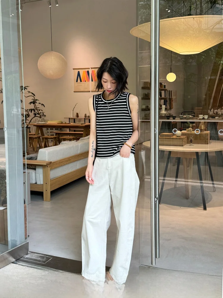 

Женские летние тонкие повседневные брюки Langqing White свободного кроя, прямые, из смесового хлопка, с завышенной талией