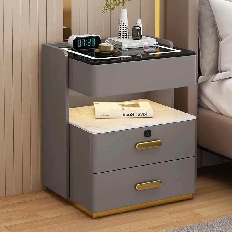 Modern Wooden Smart Bedside Table with Led Wireless Charging Speakers 3 Drawer Bedroom Beige Elegant Floating Design Hot Selling