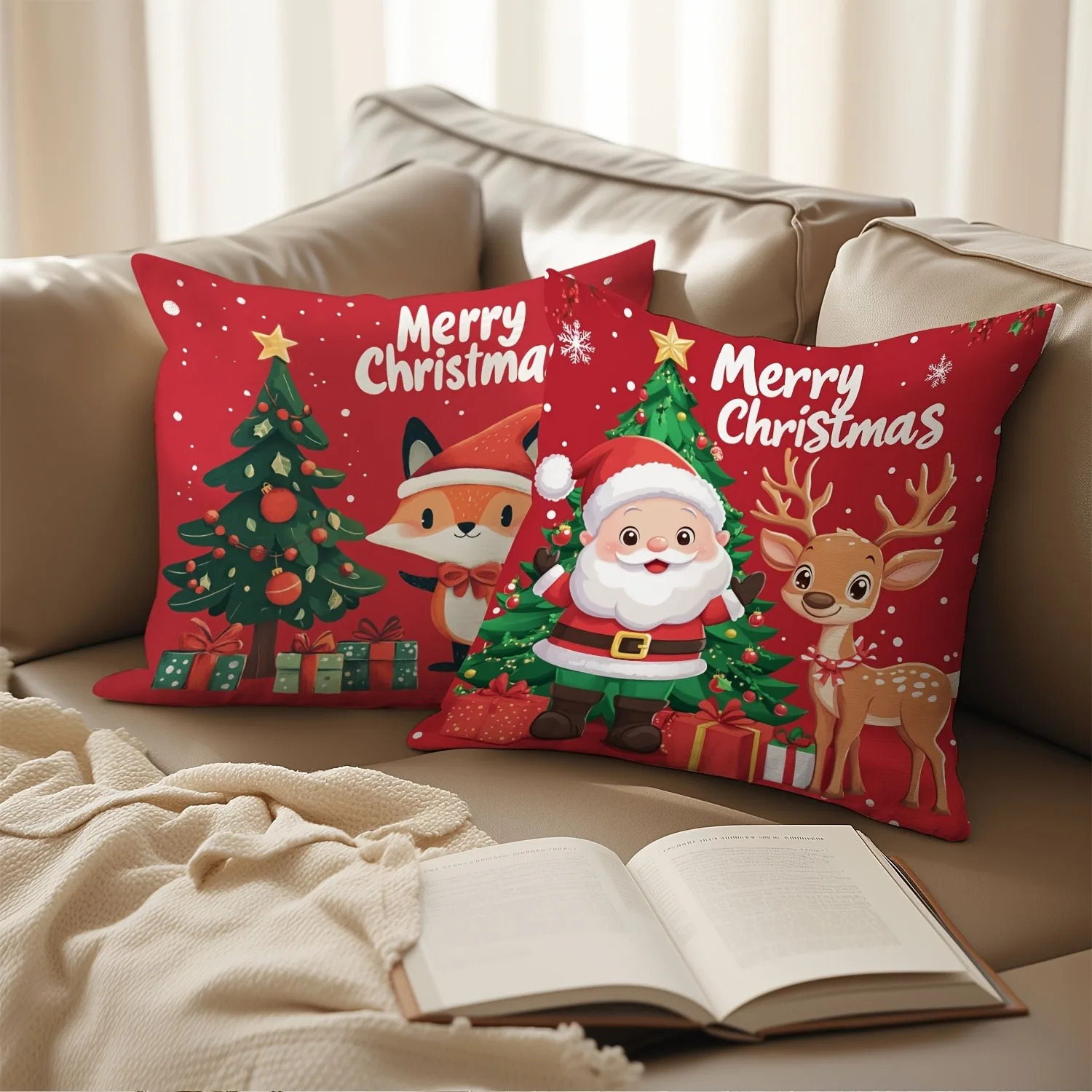 Fundas de almohada navideñas: ¡Adorable diseño de muñeco de nieve, ciervos, zorro y Papá Noel! Funda de cojín para sofá cama