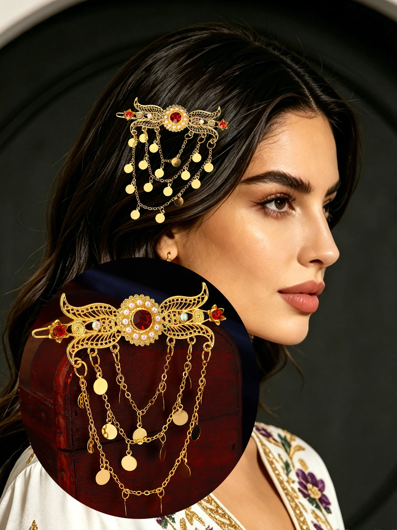 2 in 1 Gold Brooch Hair Clip Red Crystal Pearl Tassel Coin Pendant Ethnic Moroccan Caftan Accessory Wedding Headwear for Women