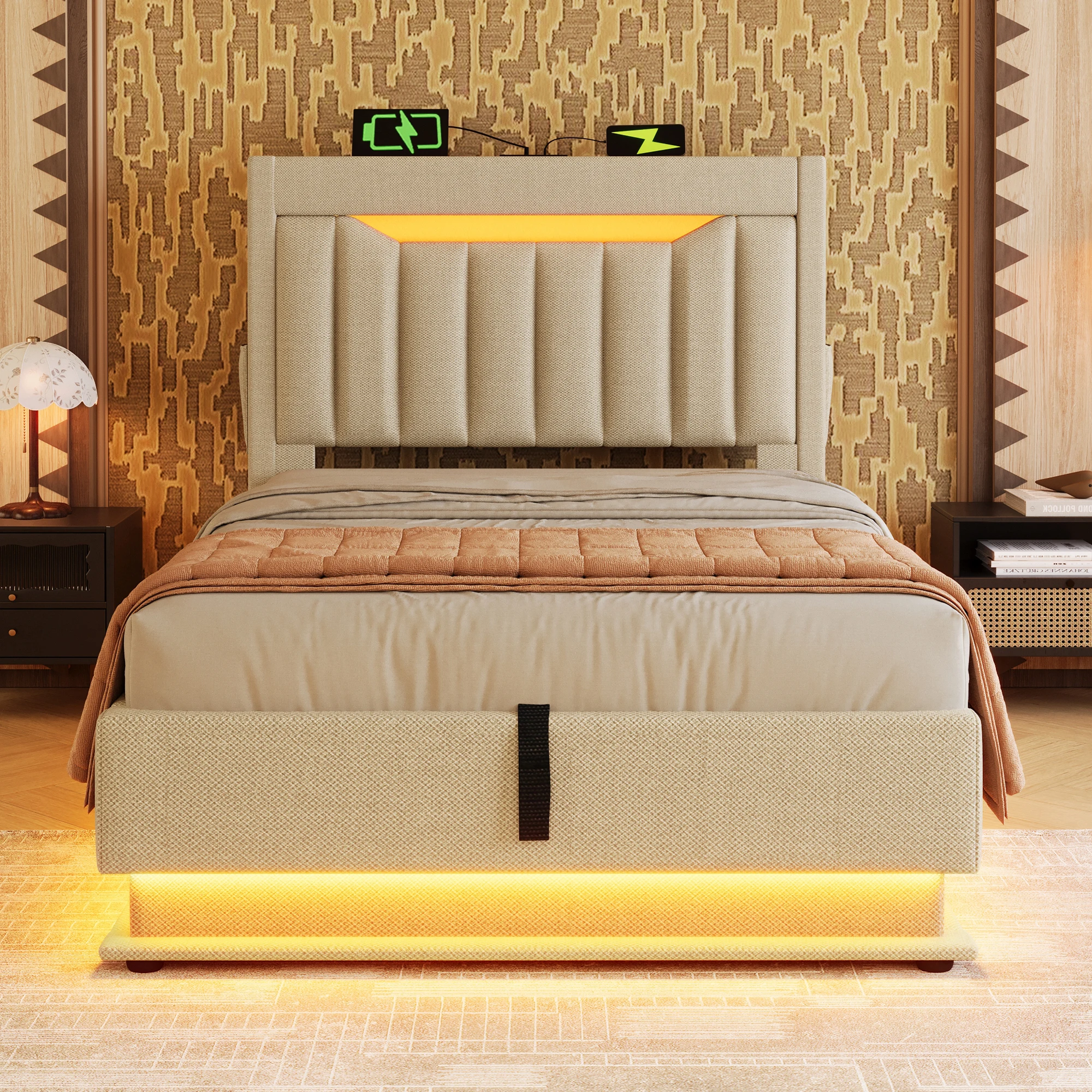 KOMHTOM UPbeing Bed Connecteurs USB et type-c Éclairage LED Rangement hydraulique sans matelas