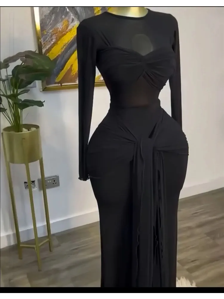 

Women Mesh See Though Long Sleeve Maxi Bowknot Long Dress 2025 Evening Sexy Club Party Evening High Street Dresses