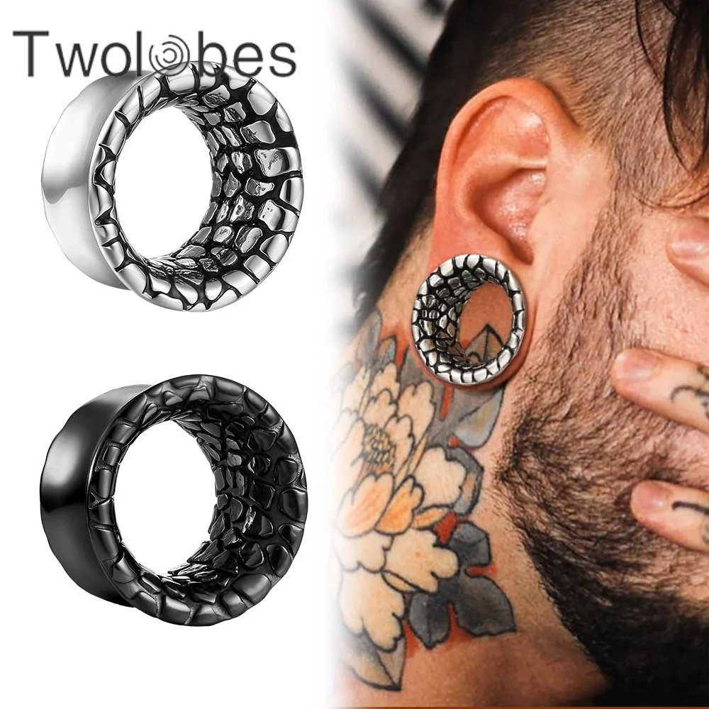 Twolobes 2PCS 316L Stainless Steel Punk Crack Round Ear Gauges Plugs Expander Ear Tunnel Stretcher Piercing Body Jewelry Cool