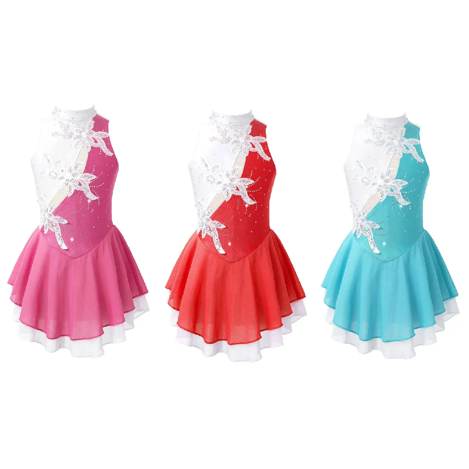 Kids Girls Ballet Leotard Dress Diamonds Mesh Sleeveless Dance Tutu Dress Figure Skating Artistic Gymnastic Training Performance