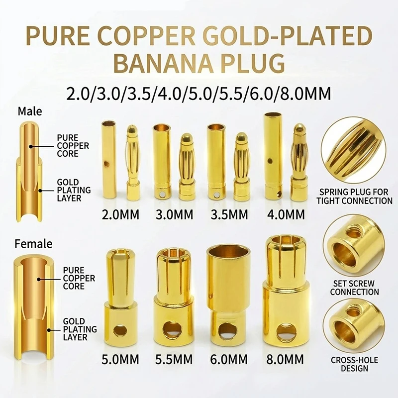 

40pcs2/3/3.5/4/5/5.5/6/6.5/8mm Gold Plated Pure Copper Bullet Banana Plug High Current Aircraft Model Motor Electrical Connector