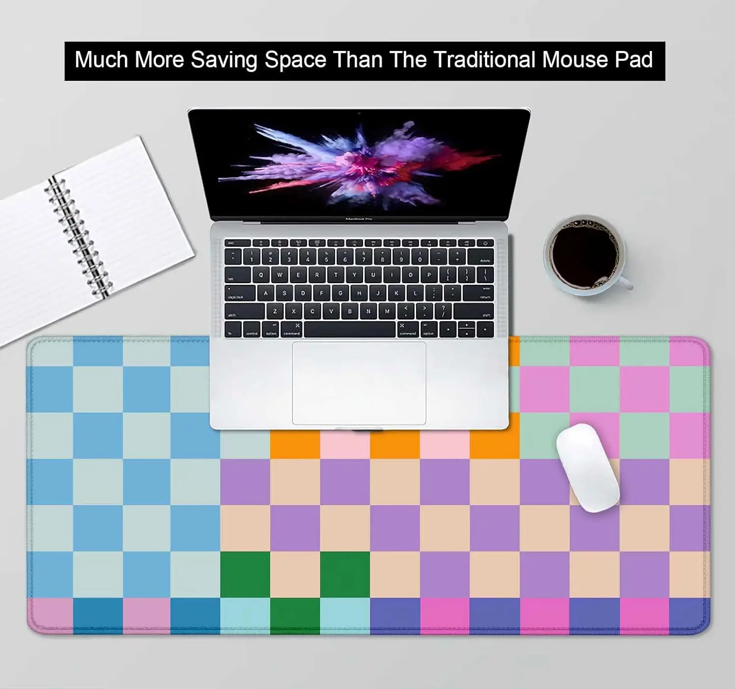 لوحة ماوس ملونة ذات مربعات كلاسيكية - حصيرة مكتب أرجوانية وردية وأزرق وأخضر مع حواف مخيطة وقاعدة مطاطية