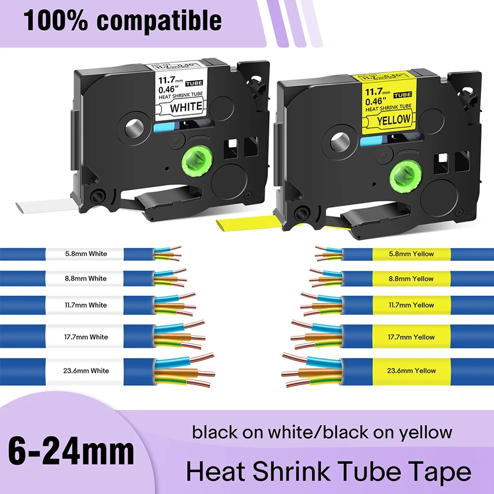 5PK 6mm-24mm Heat Shrink Tube HSe Label Tape HSe211 HSe-221 HSe-231 631 241 251 White/Yellow Compatible For Brother P-touch E100