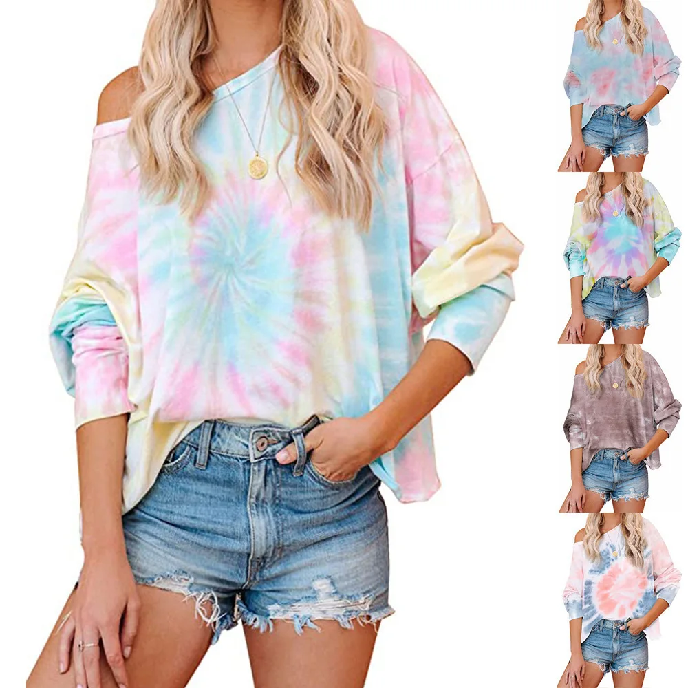 

2025 Tie-dye Women's Tops Europe and America Gradual Change Color Printing Long-sleeved Casual T-shirt