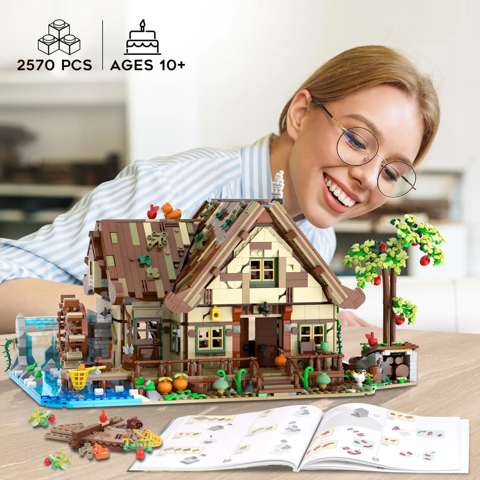 مجموعة بناء المقصورة الخشبية مع منزل غابة خشبي LED مع عجلة مائية على شكل حيوانات، نموذج بناء منزل كبير للبالغين والمراهقين