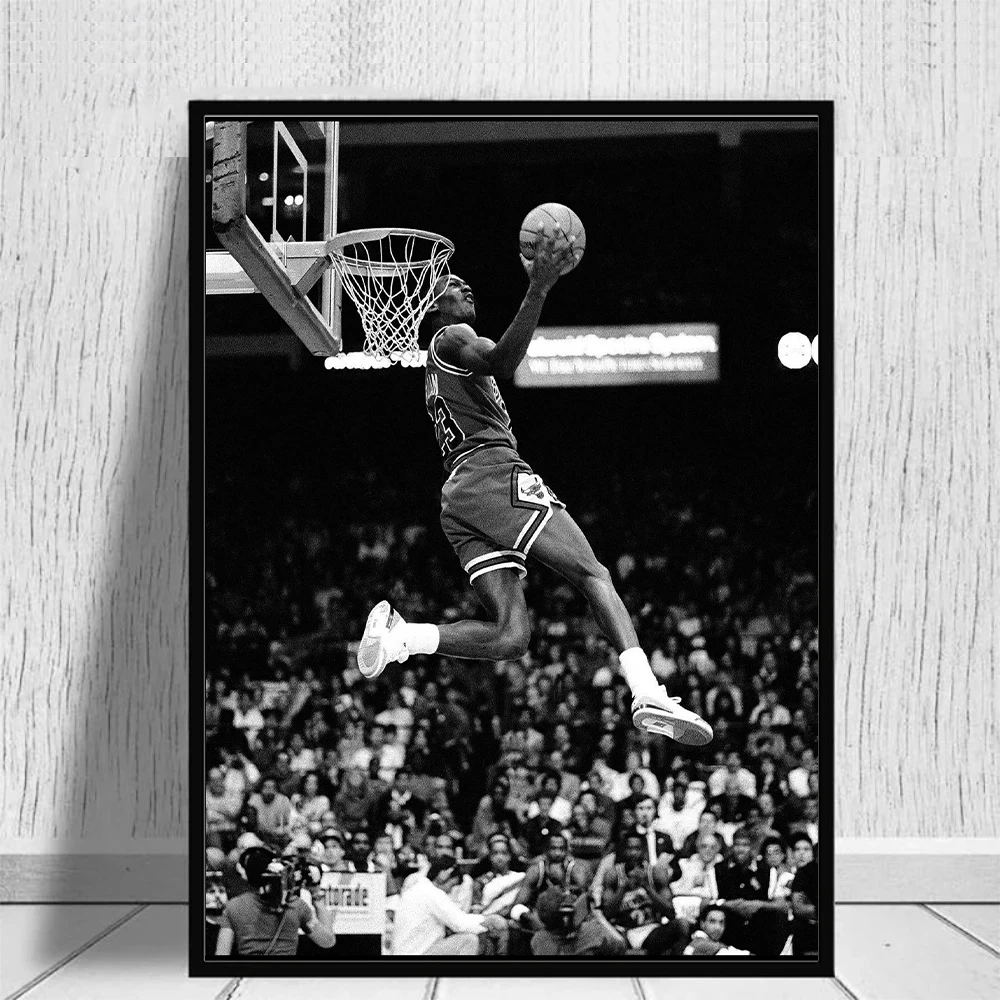 Black and White Basketball Star Classic Action Poster and Picture Micheal Jordan Dunk Layup Wall Art Canvas Painting Home Decor