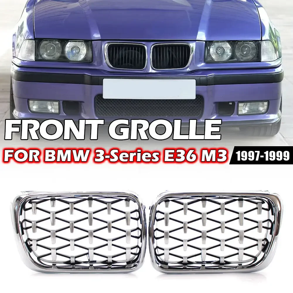 

For BMW E36 3 Series 1997-1999 Car Grille Diamond Style Front Kidney ABS Front Hood Grill Silver 51138195152 51138195151 Parts