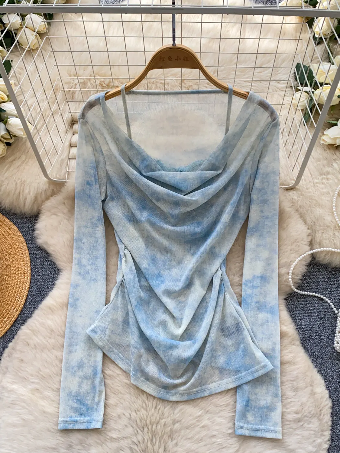 

Новая синяя сетчатая блузка с эффектом тай-дай для женщин, корейская модная прозрачная свободная блузка с длинным рукавом, топы, одежда