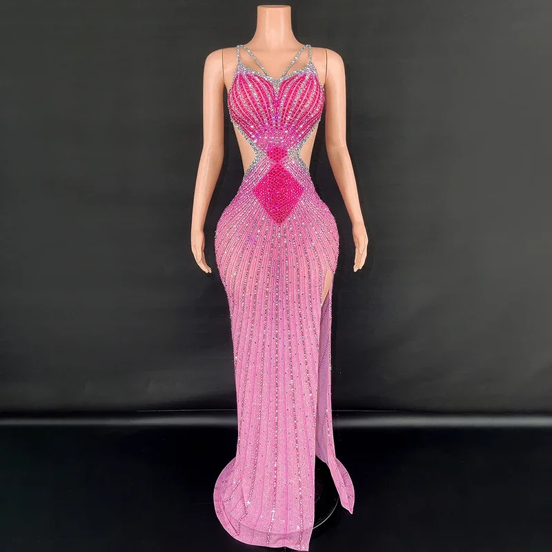 Sexy Hot Pink Spaghetti Strap V Neck Cut Out Open Leg Maxi Long Celebrity Evening Party Gowns Women Luxury Birthday Dress