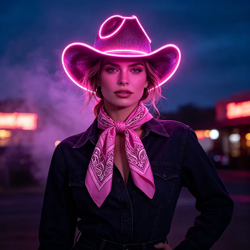 Leuchtende Partyartikel für Junggesellinnenabschiede, leuchtender Braut-Cowgirl-Hut, LED-Perlmutt-Cowboyhut, modischer Neon-Licht-Hut für Partys – Detail 2