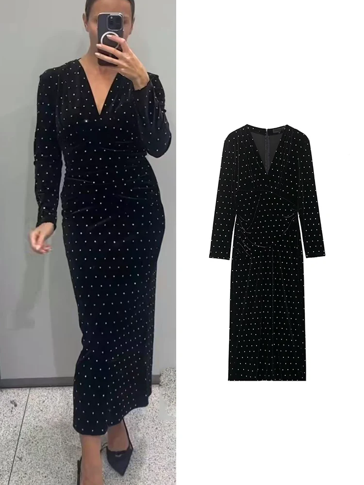 Abito in velluto a maniche lunghe alla moda per donna Elegante scollo a V retrò aderente con diamanti chic che borda l'abito da sera da donna