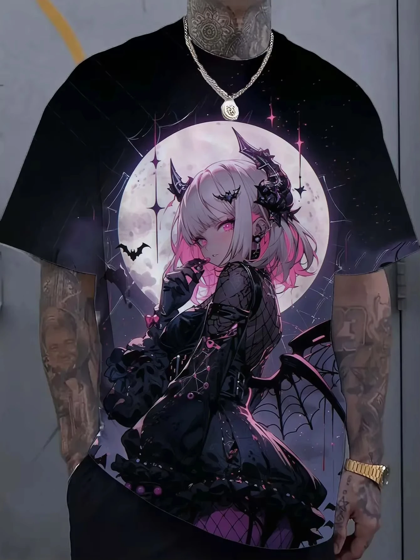 Summer Harajuku Top Short Sleeved Cartoon Tattoo Girl Pattern 3D Printed T-shirt Men's Oversized Sportswear Bad Girl Clothes