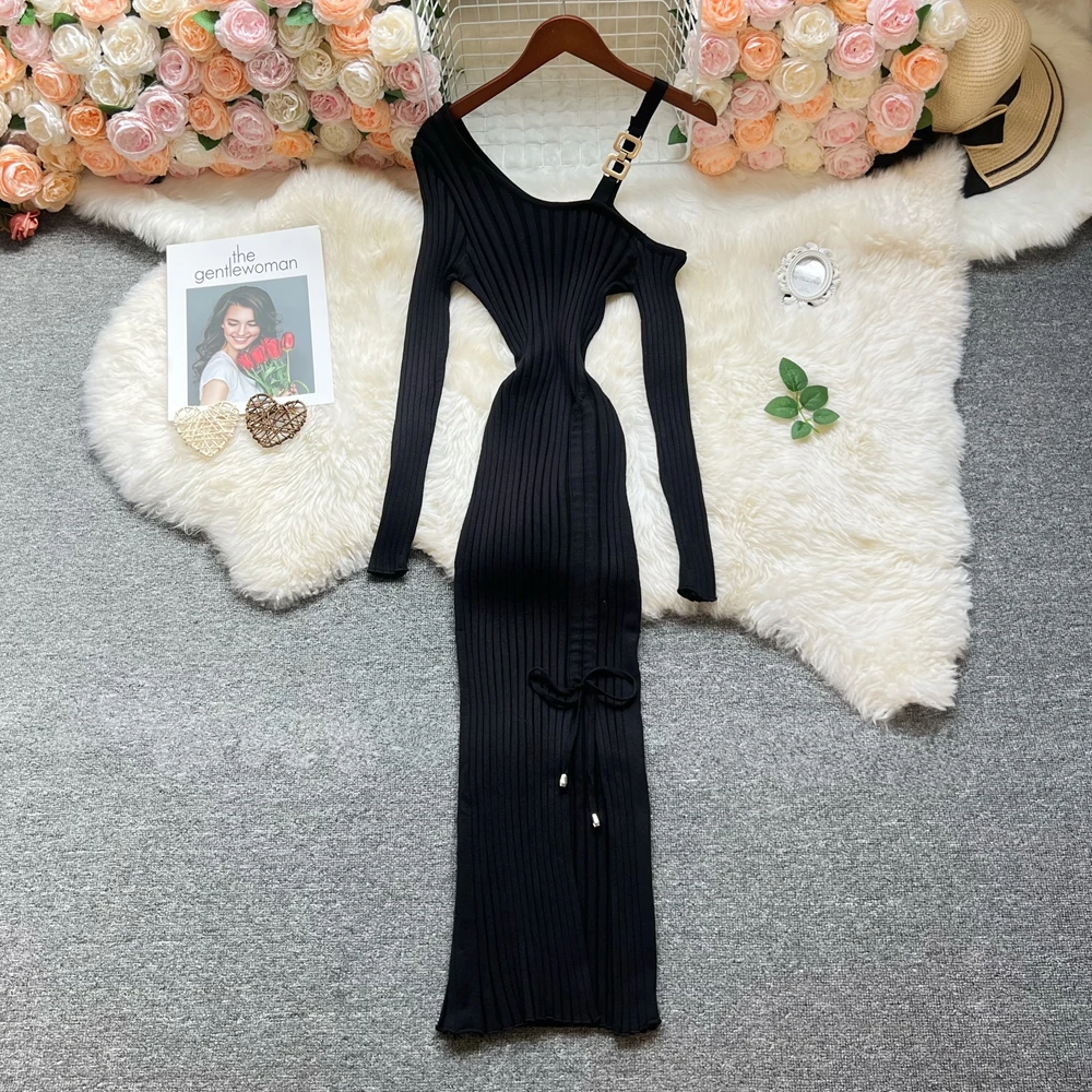YuooMuoo シックなファッションセクシーなラップヒップスプリットニット秋ドレス女性スリム弾性巾着ボディコンロングドレスストリートレディ